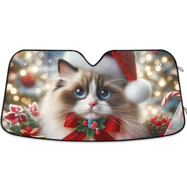Imagem de Guarda-sol fofo de gato Ragdoll de Natal personalizado para para-brisa de carro universal dobrável acessórios de carro para-brisa proteção de para-sol L, 144,8 cm x 80 cm