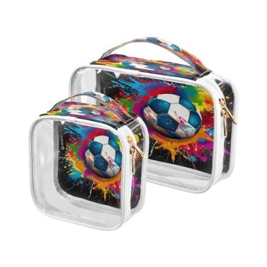 Imagem de GAIGEO Conjunto de sacolas de higiene pessoal transparentes de Natal com estrelas e árvores, bolsa transparente com zíper, bolsas de acessórios de viagem, pacote com 2, Bola de futebol arco-íris - 4