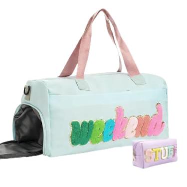 Imagem de Shinylin 2 bolsas femininas de fim de semana para dormir com compartimento para sapatos, verde, rosa, letras de chenille, bolsa de viagem para meninas, viagens, academia, hospital