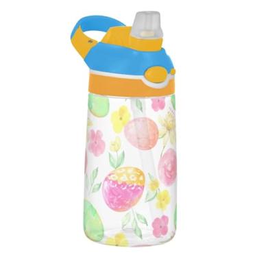 Imagem de Garrafa de água infantil Tritan de 473 ml com tampa de canudo à prova de vazamento, garrafa de água esportiva para escola, reutilizável de 473 ml, alça de transporte, flores e ovos de Páscoa