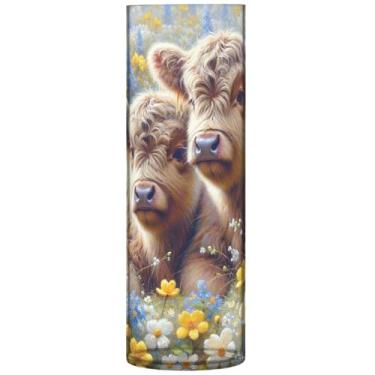 Imagem de Vasos cilíndricos para decoração de casa, pintura de bezerro de vaca Highland, vasos altos bonitos para flores, decoração de quarto, estética, 30 x 9,9 cm