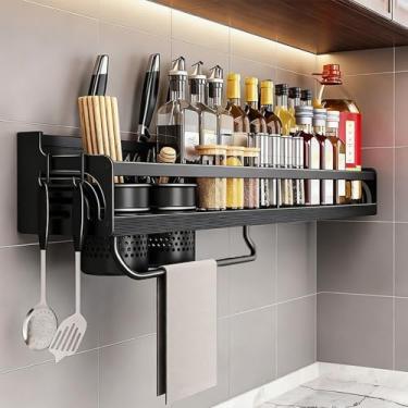 Imagem de Prateleira Alumínio 60cm Cozinha Porta Faca Copos Ganchos ElaShopp Preto