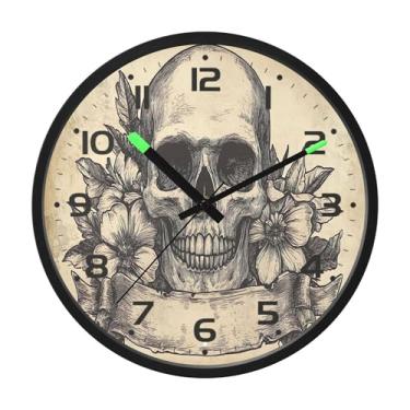 Imagem de SEHANY Relógio artístico de parede de caveira silencioso, sem tique-taque, relógio redondo operado por bateria, controle de som, luz noturna, relógios de parede para sala de estar, cozinha, quarto