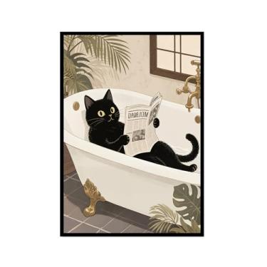 Imagem de Arte de parede em tela de gato preto engraçado na banheira gato fofo lavar suas patas lendo pôster de jornal banheiro impressões animais decoração de parede (SKU1,40.6x61.0 cm = (40x60cm), moldura