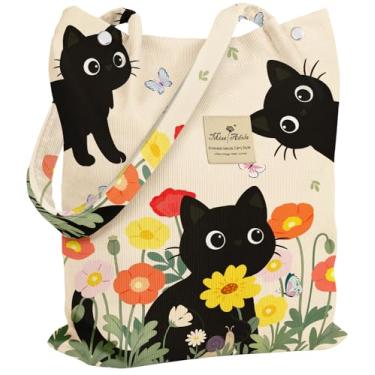 Imagem de Miss Adola Bolsa feminina de veludo cotelê - Sacolas reutilizáveis com fivela magnética e bolso design estético bolsas de supermercado, Três gatos, One Size