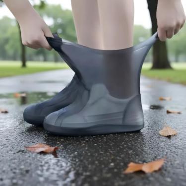 Imagem de Capas de silicone espessas para sapatos de chuva - Capas protetoras para pés ao ar livre impermeáveis e antiderrapantes reutilizáveis, Preto atualizado [um par], Plus