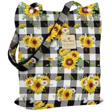 Imagem de Miss Adola Bolsa feminina de veludo cotelê - Sacolas reutilizáveis com fivela magnética e bolso design estético bolsas de supermercado, Girassol xadrez, One Size