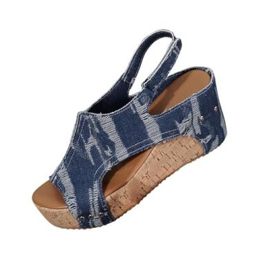 Imagem de Sandálias jeans femininas com salto plataforma proporcionam uma elevação confortável e são perfeitas para atividades diárias de verão, Azul royal, 36