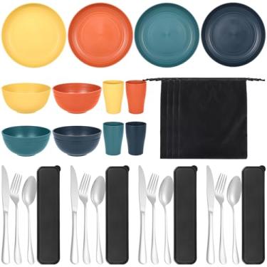 Imagem de Conjunto de louça de palha de trigo de 32 peças, kit de bagunça de acampamento portátil inquebrável com pratos e tigelas, seguro para lava-louças e micro-ondas para família, piqueniques e viagens