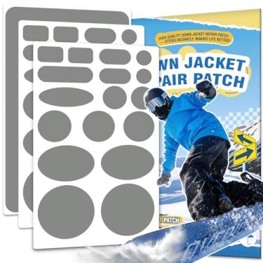 Imagem de OAZ Kit de remendo de reparo de jaqueta de penas, 35 peças, remendos de nylon pré-cortados para roupas, fita de tecido autoadesiva, impermeável, leve, equipamento externo, fita de reparo tenaz para
