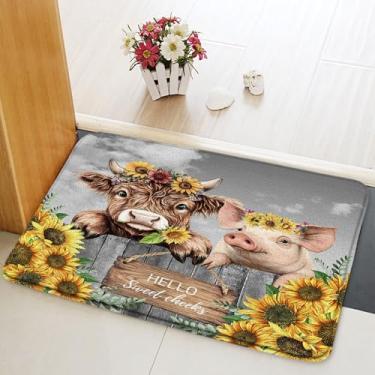 Imagem de Tapete de banho engraçado highland vaca porco casa de fazenda animal do oeste fofo bezerro girassol flor cerca floral rústica vintage placa de madeira natureza moda tapetes de banheiro capacho cozinha