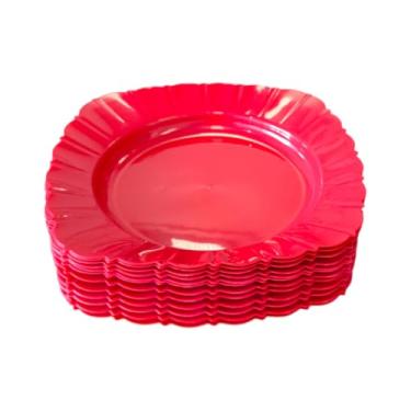 Imagem de Pratos Plástico Quadrado Resistente, Leve, Reutilizável, 23 cm x3 cm para Festas, Churrasco e Refeições Familiares, Leve para Transporte(Vermelho)