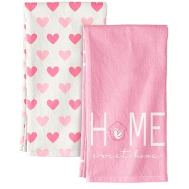 Imagem de Miss Adola Conjunto de 2 toalhas de cozinha para o Dia dos Namorados - Toalhas de chá com saco de farinha com laço para pendurar 45 x 66 cm Panos de prato de mão para casa doce lar rosa corações