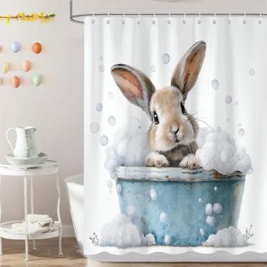 Imagem de iTapnoom Cortina de chuveiro de Páscoa impermeável de poliéster 182 x 182 cm com ganchos, decoração de banheiro de coelhinho da Páscoa