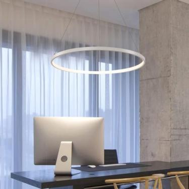 Imagem de Luminária pendente redonda para mesa de jantar, moderna, com LED, lustre para sala de estar, dimerizável com controle remoto, ideal para escritório, sala de estar e cozinha (branca, 40 cm de