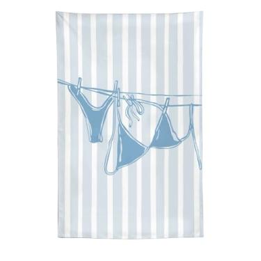 Imagem de Tapeçaria de biquíni azul em linha minimalista arte listrada fundo listrado decoração de casa temática de praia para quarto banheiro ambiente de verão tapeçaria 152 x 239 cm