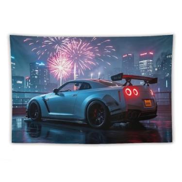 Imagem de HouLaiZhe JDM Tapeçaria de carro modificada Jdm carro R35 sob fogos de artifício pendurar na parede quarto decoração de casa tapeçarias estética piquenique decoração de parede arte de parede para