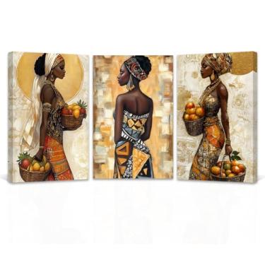 Imagem de QIXIANG Arte de parede de menina afro-americana 3 peças de decoração de parede de imagem de rainha negra impressão em tela de mulher africana para decoração de sala de estar emoldurada (28 x 3 peças)
