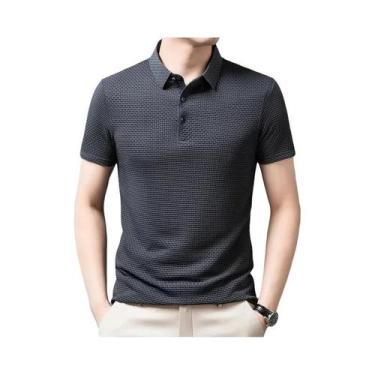 Imagem de Camisa Polo Masculina Xadrez Lisa Respirável Confortável Elástica Mang