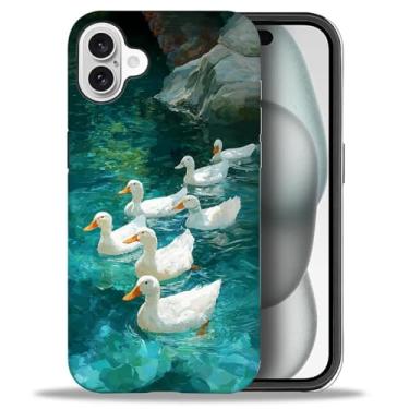 Imagem de CARLOCA Capa fosca de corpo inteiro compatível com iPhone 16 para meninas e meninos, capa rígida à prova de choque para iPhone 16, estampa moderna, patos brancos, natação, água, rochas, rio azul