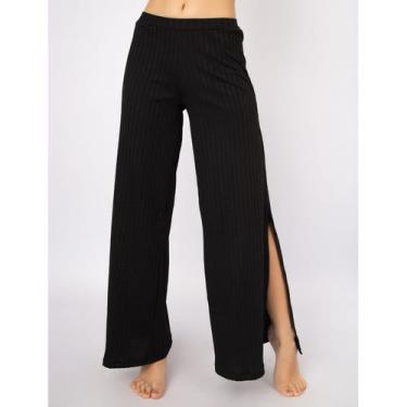 Imagem de Calça Flare Pantalona Vekyo Cintura Alta Com Fenda, M, Preto, Feminino