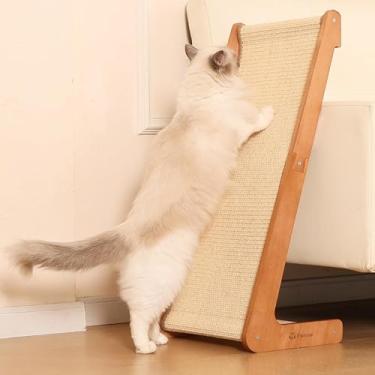 Imagem de Rampa arranhadora de sisal para gatos em ambientes internos – base de madeira de faia, 72,4 cm, almofada de arranhão de sisal natural para gatos, haste durável para arranhar gatos, protetor de móveis