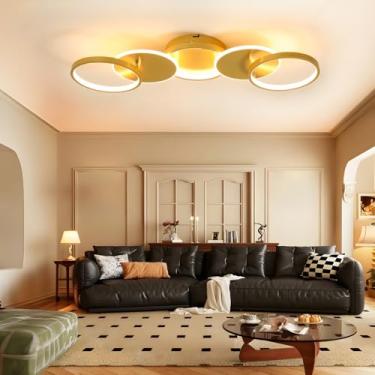 Imagem de Luminária de teto LED circular moderna para sala de estar, 3000K a 500K, dimerizável com controle remoto, ideal para cozinha, escritório, sala de jantar e quarto (dourada, circular).