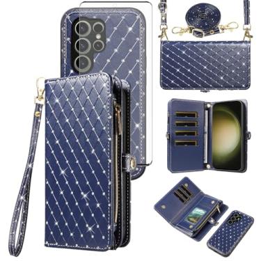 Imagem de Capa de celular para Samsung Galaxy S23 Ultra 5G com zíper carteira de celular com alça protetora de tela de vidro temperado com glitter flip compartimento para cartão S23Ultra 23S S 23 23Ultra 17.3