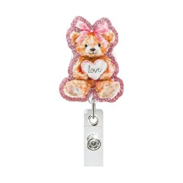 Imagem de Porta-crachá retrátil para dia dos namorados, carretéis de crachá de urso fofo com clipe de cinto seguro para chaves, laço de coração rosa, porta-cartões de identificação resistentes para crachás