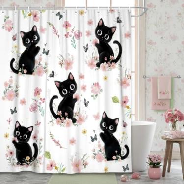 Imagem de DYNH Linda cortina de chuveiro de gato preto, desenho animado de animal engraçado gato rosa vermelho floral cortinas de banheira, estética moderna retrô rústica decoração de banheiro para meninas e