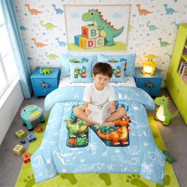 Imagem de Erosebridal Jogo de cama solteiro de dinossauro fofo em uma bolsa, 7 peças, monograma de dinossauro, conjunto de cama com lençol com letra N para crianças e adultos, animais da selva