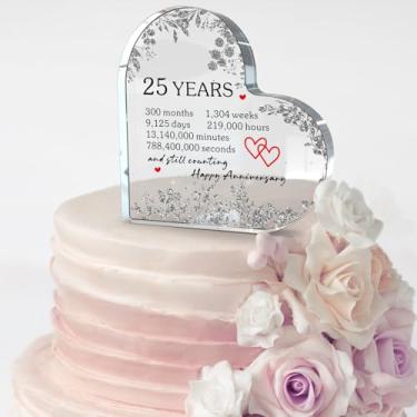 Imagem de Topo de bolo de 25º aniversário para casamento prateado, bloco de coração de acrílico transparente com folhagem prateada, decoração de bolo elegante de 25 anos e presente de lembrança (10 cm)