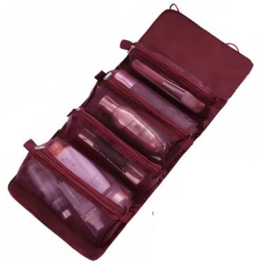 Imagem de Necessaire Organizadora Portátil Unissex para Viagem, Material Premium, com Gancho para Pendurar, Várias Divisórias, Bolsos Internos, Fecho com Zíper (Vinho)