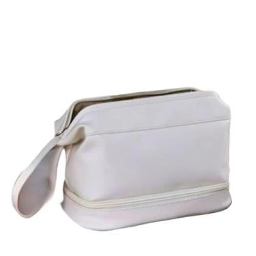 Imagem de Bolsa Necessaire de Cosméticos em Couro PU com Dupla Camada – Grande Capacidade para Viagem(Bege)