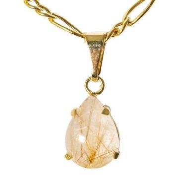 Imagem de Colar Mini Gota Rutilo no Cristal Natural Garra Dourado - CristaisdeCu