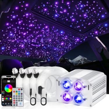 Imagem de 4 cores 32W Twinkle Car Starlight Headliner Kit 700 peças x 0,10 cm x 4 m com controle remoto APP e RF, fios de fibra óptica RGBW Star Roof Lights, 4 portas motor som ativado luzes estrelas de teto