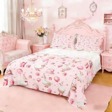 Imagem de Castle Fairy Jogo de lençol Queen com desenho de pato fofo, balão rosa, rosa, para quarto de meninos e meninas, 1 lençol de cima macio, 4 peças