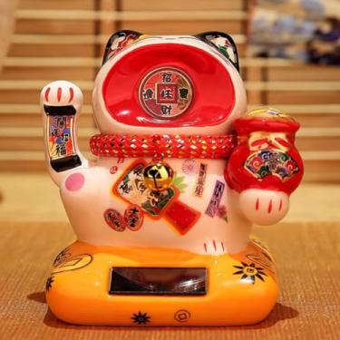 Imagem de FENNYYAR Estátua de gato da sorte com braço oscilante branco de boca grande, 15 cm, enfeite de carro de mesa para casa