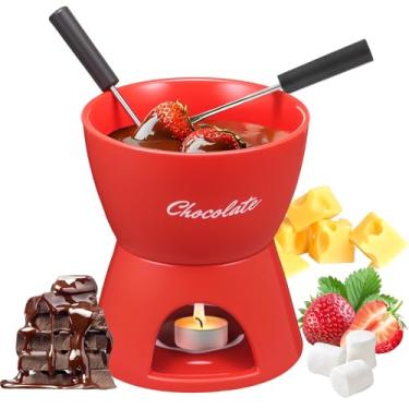 Imagem de Conjunto de panela de fondue de chocolate de cerâmica, caneca de derretimento doce com 2 garfos, kit de mini copo de fondue, aquecedor portátil de doces para sobremesas de queijo, pode ser lavado na