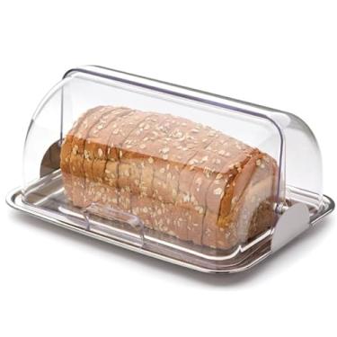 Imagem de Porta Pão Forma com Tampa Acrílica Transparente e Bandeja Inox, 26,6 x 17 x 12 cm, 770g, Cozinha Mesa Cafe Bolo Torta Padaria Restaurante Hotel Boleira