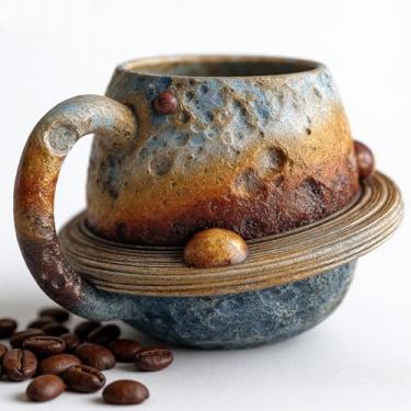 Imagem de Bandesun Canecas de café de 170 g, xícara de chá vintage Saturn novidade para café de escritório em casa, canecas de café pequenas com alça para expresso/cappuccino/cacau, ideal para amantes de