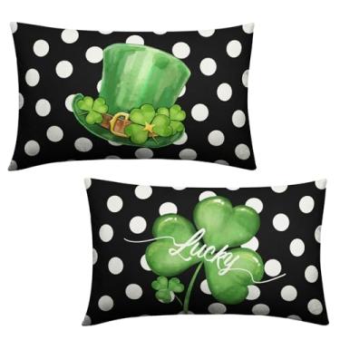 Imagem de Wnoesat Capas de almofada para atividades ao ar livre Dia de São Patrício 30 x 50 conjunto de 2 almofadas lombares trevo verde com bolinhas chapéu de trevo da sorte decoração casa de fazenda capa de