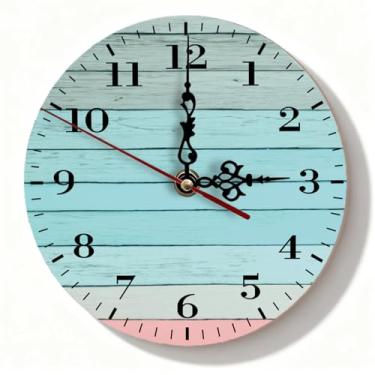 Imagem de Relógio de parede de madeira azul claro e blush - Shiplap silencioso, sem tique-taque, rústico, decoração de casa de fazenda para quarto, escritório em casa - relógio de destaque pequeno - 19 cm