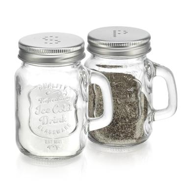 Imagem de Conjunto de saleiro e pimenteiro – Pote de pedreiro e saleiro com tampas e alças de aço inoxidável, decoração de cozinha de fazenda de vidro transparente, sem BPA, 142 g cada, despeje perfeito para