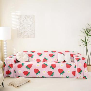 Imagem de jejeloiu Capas de sofá com estampa kawaii de morango para animais de estimação, laváveis, fofas, botânicas, estampa de margaridas, macias, protetores de sofá rosa e amarelo, 180 cm x 118 cm