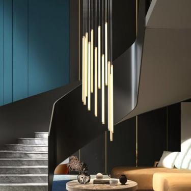 Imagem de Luminária pendente LED moderna para escada, lustre longo giratório com 12 lâmpadas, dimerizável, imitação de madeira, luminária suspensa ajustável para teto oco de sala de estar (12 lâmpadas