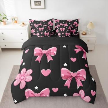Imagem de jejeloiu Jogo de cama casal com laço, 7 peças, preto e rosa, para crianças, meninos, meninas, com edredom, lençóis, fronhas, capas de almofada, laço colorido, decoração de quarto