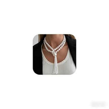 Imagem de Colar de pérolas vintage para mulheres, colar de pérolas longo delicado com franjas, suéter, corrente, bijuteria, Zinco, Sem Pedra Preciosa