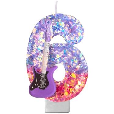 Imagem de Vela de aniversário K-Pop – Vela de bolo com tema musical de glitter roxo e rosa com guitarra, decoração de festa musical para meninas, adolescentes, fãs de Kpop (6)
