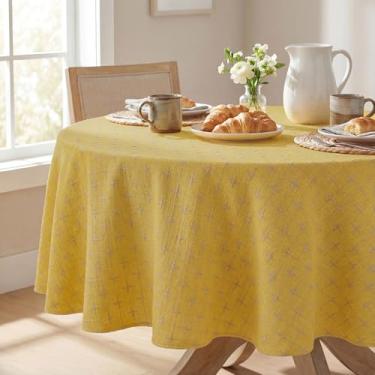 Imagem de Horaldaily Toalha de mesa redonda amarela, toalha de mesa bordada sólida texturizada, sem rugas, lavável 152 x 152 cm, capa de mesa para cozinha, festa, casamento, piquenique, ao ar livre